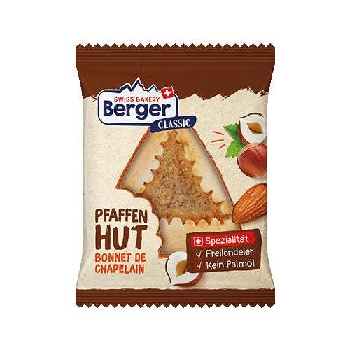 Berger Pfaffenhut 70g Der Pfaffenhut ist ein raffiniertes Schweizer Gebäck. Die spezielle Dreiecksform und die Füllungskomposition aus Haselnuss und Mandel machen dieses Gebäck unverwechselbar.