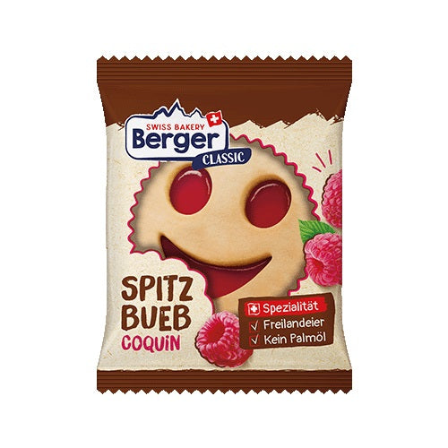 Der Originale Schweizer Berger Spitzbueb 74g Ein feines Mürbeteiggebäck mit köstlicher Himbeermarmelade. Aus klassischen, auserlesenen Zutaten wie Weizenmehl, Zucker und Eier ist dieses allseits beliebte Gebäck entstanden.