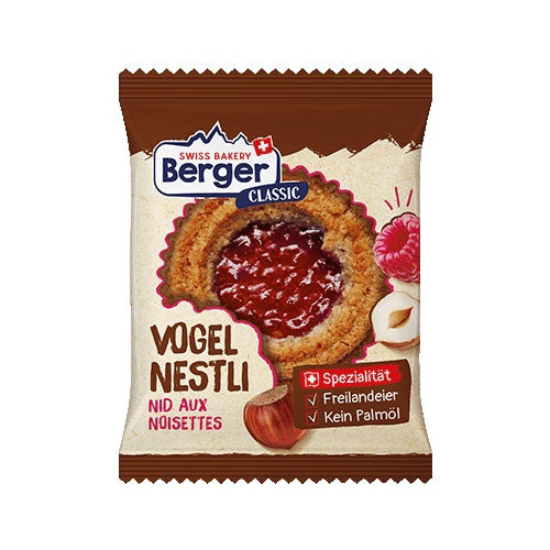 Der Originale Berger Vogelnestli 74g Ein Klassiker unter dem feinen Schweizer Gebäck. Auf dem zarten Mürbeteigboden ist ein Haselnussring, der die feine Marmeladenfüllung umschliesst. Eine genussvolle Gebäck-Kombination.