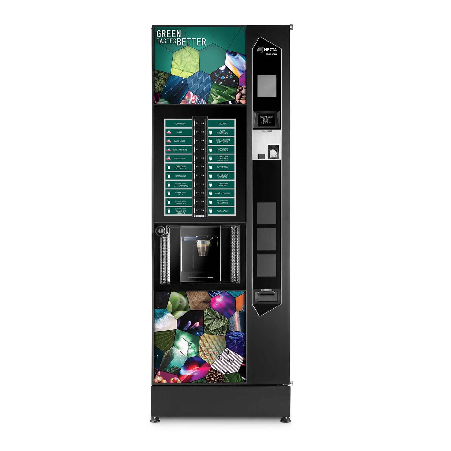 Screen-Necta-1000 Becher-Tank-Direktwasser Anschluss-Münzwechsler-Kreditleser-Nayax-Zucker-Rührwerk-Kaffeesatz-Milch-Schokolade-Bouillon-Koffeinfrei-Kauf-Miete-Voll-Operating-Vending-Zürich-Luzern-Basel-Touch-