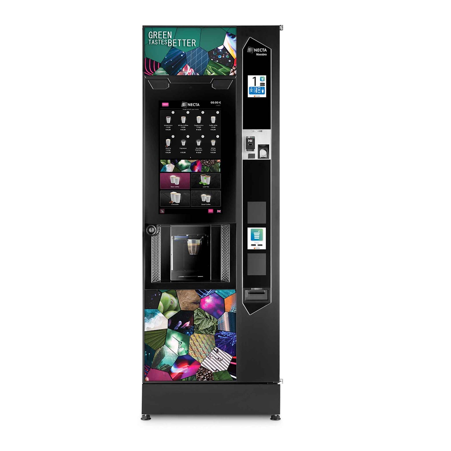 Kaffeesatz-Milch-Schokolade-Bouillon-Koffeinfrei-Kauf-Miete-Voll-Operating-Vending-Zürich-Luzern-Basel-Touch-Screen-Necta-1000 Becher-Tank-Direktwasser Anschluss-Münzwechsler-Kreditleser-Nayax-Zucker-Rührwerk