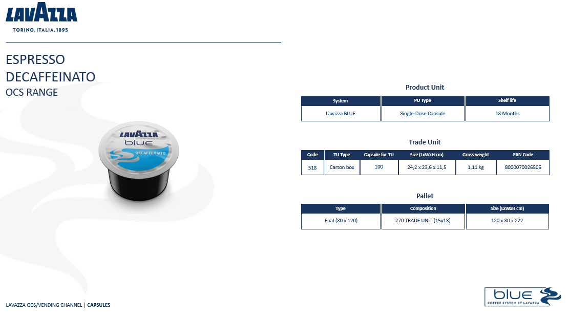 EXPRESSO DÉC. Sans caféine 100% Arabica LAVAZZA BLEU 100 gélules (910)