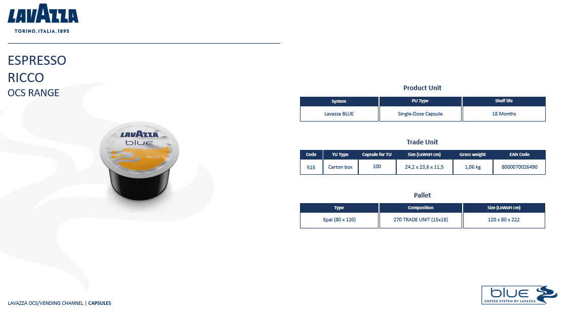 ESPRESSO Ricco LAVAZZA BLEU 100 capsules (960)
